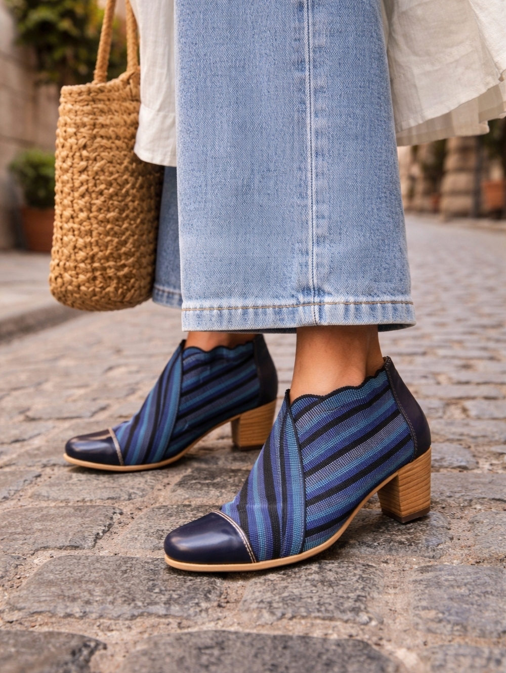 En Tour de Ville Blue Striped Slip-On Booties | Cap Toe Chunky Heel Art-To-Wear